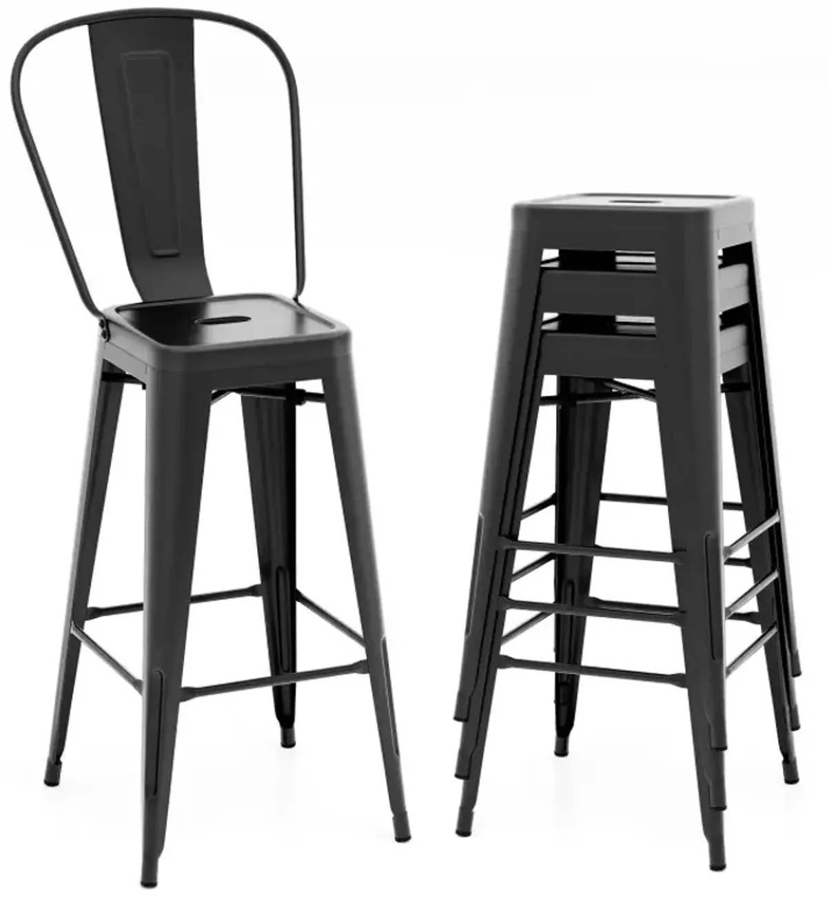 Set of 4 Bar Height Chairs Stackable Metal Bar Stools with Removable Backrest