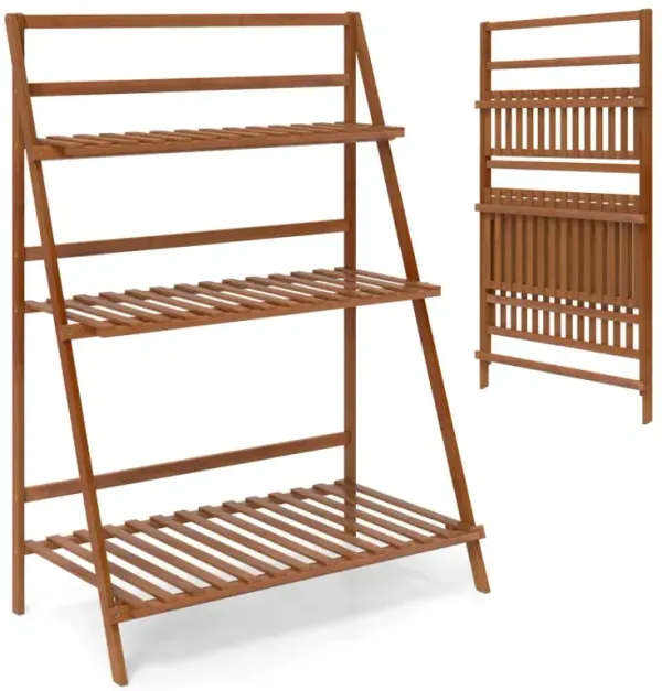 3-Tier Bamboo Ladder Shelf Foldable Plant Flower Bookshelf