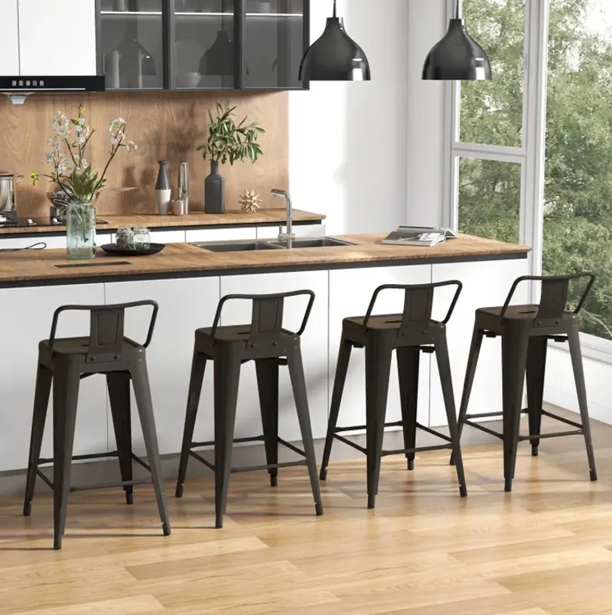 24 Inch Set of 4 Cafe Side Chairs with Rubber Feet and Removable Back