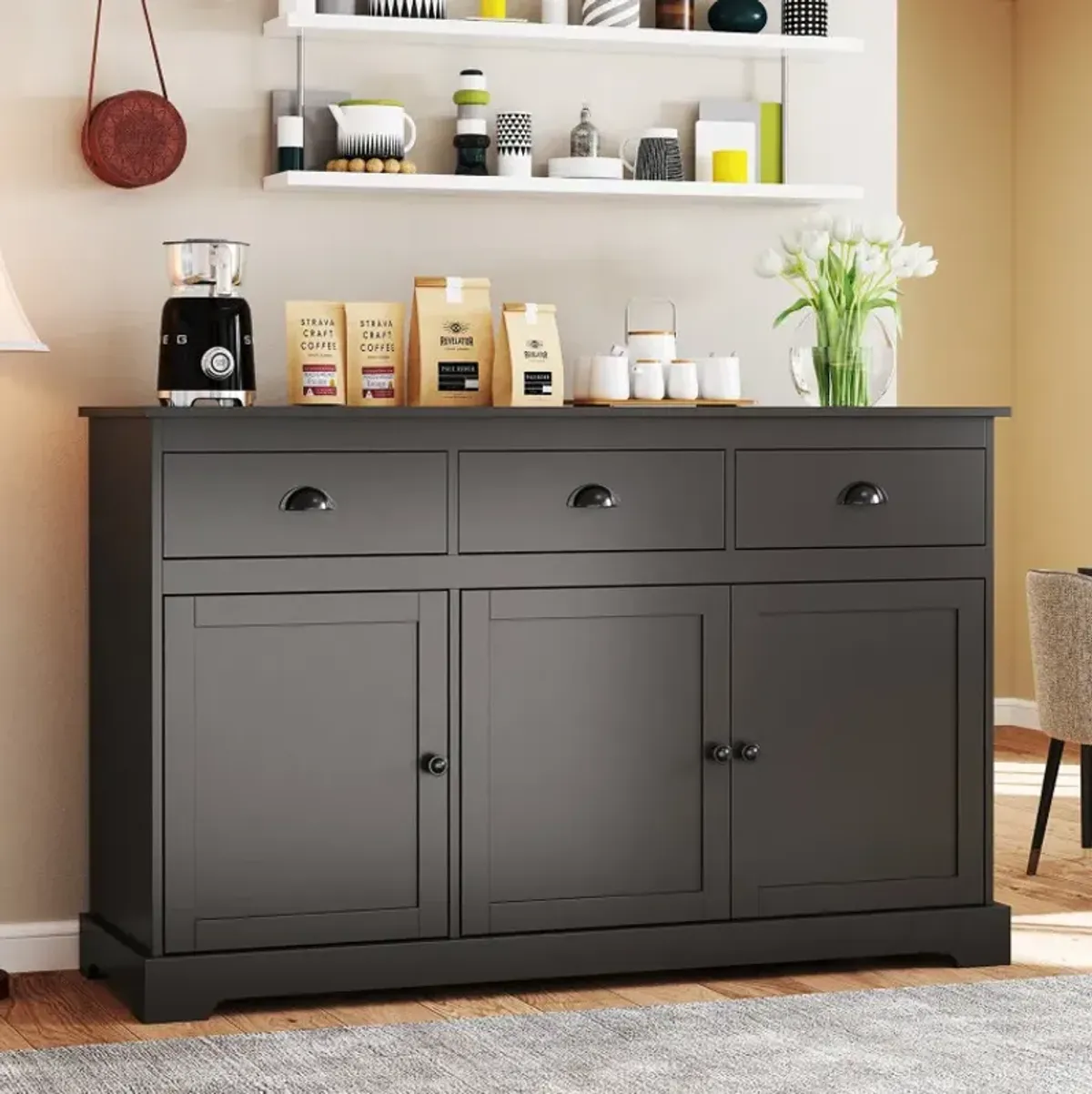 3 Drawers Sideboard Buffet Storage with Adjustable Shelves