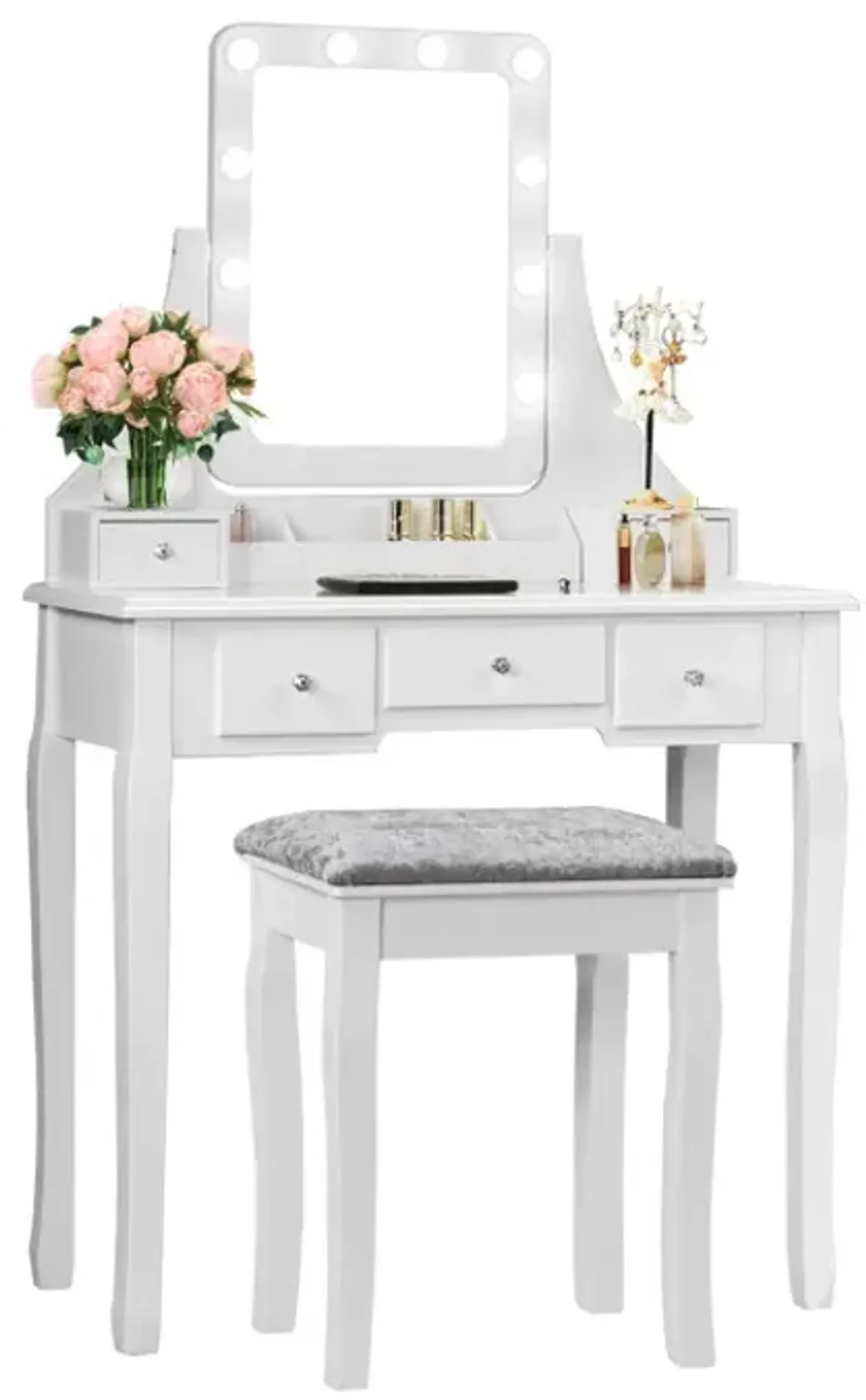 Vanity Dressing Table Set with 10 Dimmable Bulbs and Cushioned Stool