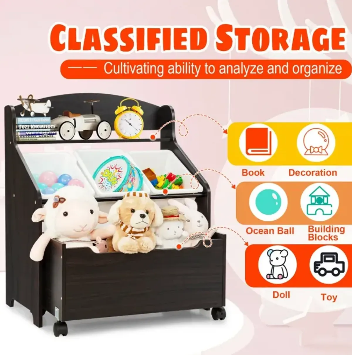 Kids Wooden Toy Storage Unit Organizer with Rolling Toy Box and Plastic Bins