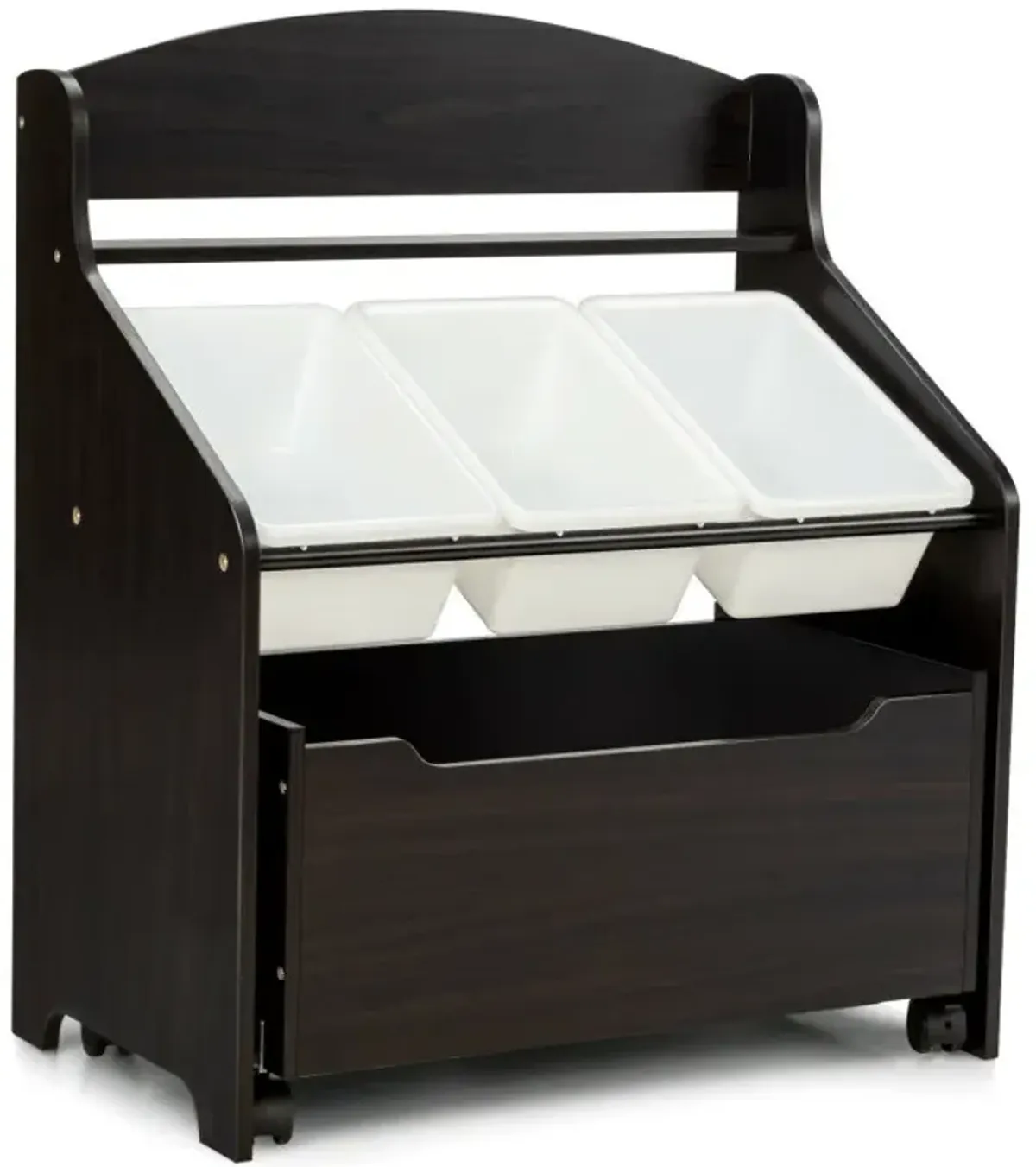 Kids Wooden Toy Storage Unit Organizer with Rolling Toy Box and Plastic Bins