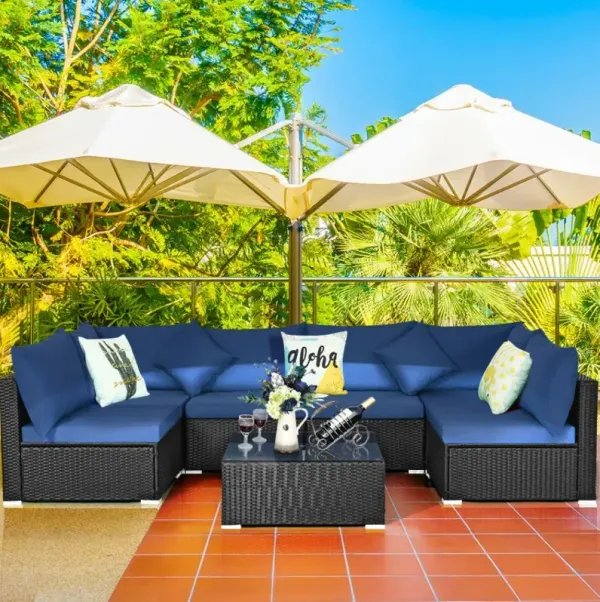7 Pieces Sectional Wicker Furniture Sofa Set with Tempered Glass Top Coffee Table