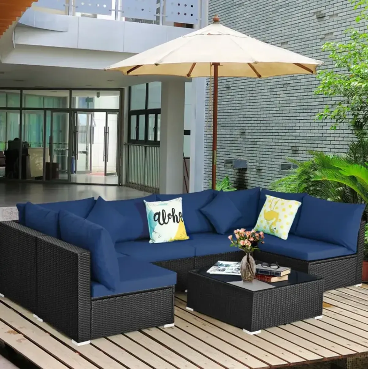 7 Pieces Sectional Wicker Furniture Sofa Set with Tempered Glass Top Coffee Table