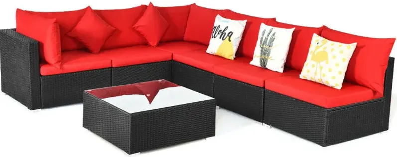 7 Pieces Sectional Wicker Furniture Sofa Set with Tempered Glass Top Coffee Table