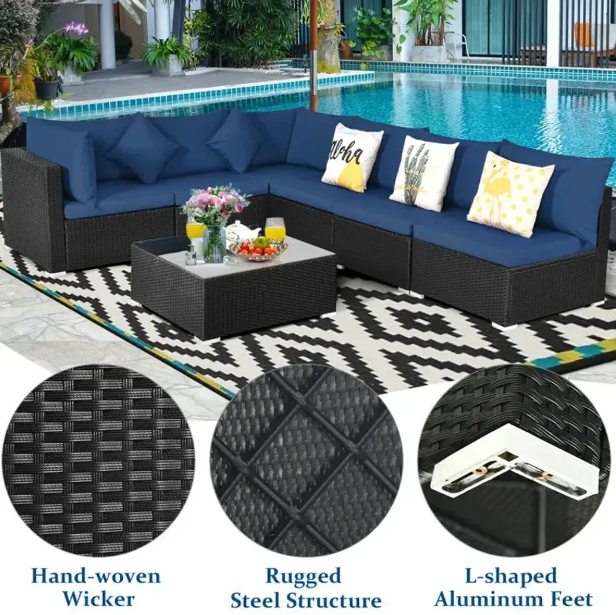 7 Pieces Sectional Wicker Furniture Sofa Set with Tempered Glass Top Coffee Table