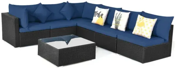7 Pieces Sectional Wicker Furniture Sofa Set with Tempered Glass Top Coffee Table