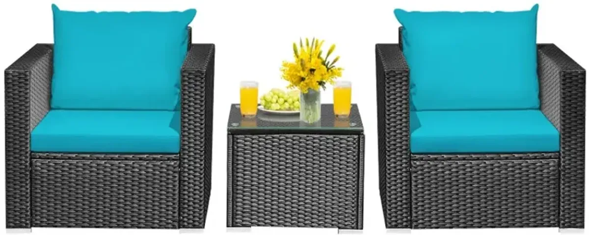 3 Pieces Patio Wicker Conversation Set with Cushion