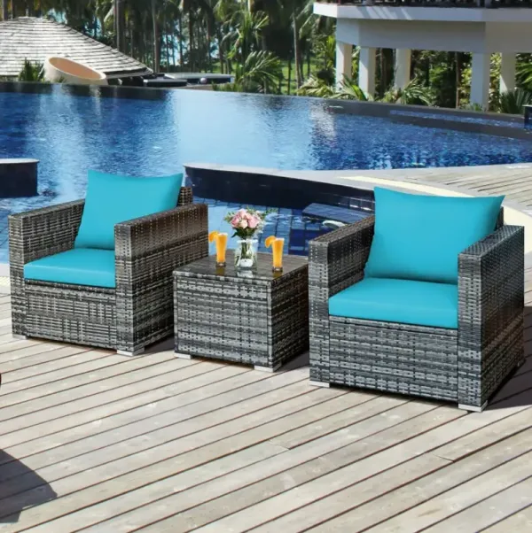 3 Pieces Patio Rattan Furniture Bistro Sofa Set with Cushioned