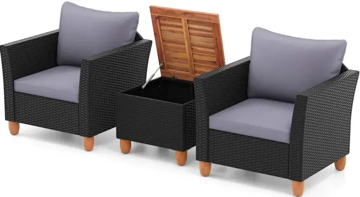 3 Pieces Patio Wicker Furniture Set with Cushions and Acacia Wood Coffee Table Outdoor