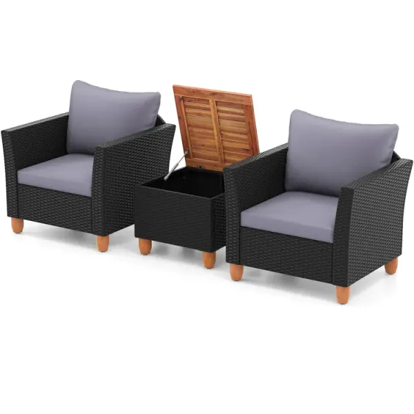 3 Pieces Patio Wicker Furniture Set with Cushions and Acacia Wood Coffee Table Outdoor