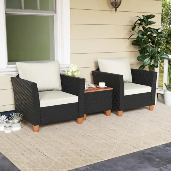 3 Pieces Patio Wicker Furniture Set with Cushions and Acacia Wood Coffee Table Outdoor