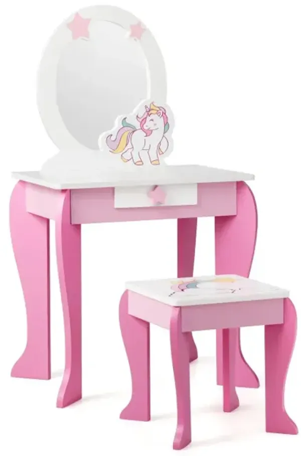 Kids Vanity Set Makeup Dressing Table and Chair Set with Mirror and Drawer