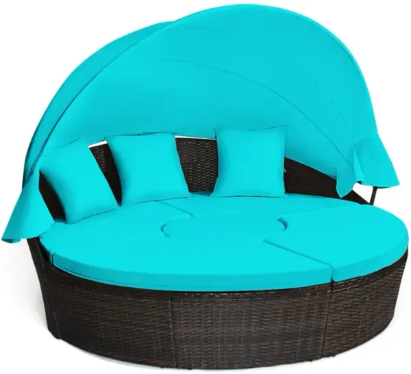 Patio Round Rattan Daybed with Retractable Canopy and Height Adjustable Coffee Table