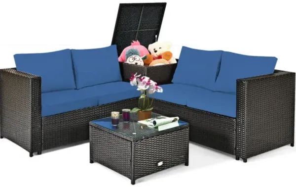 4 Pieces Outdoor Patio Rattan Furniture Set with Loveseat and Storage Box