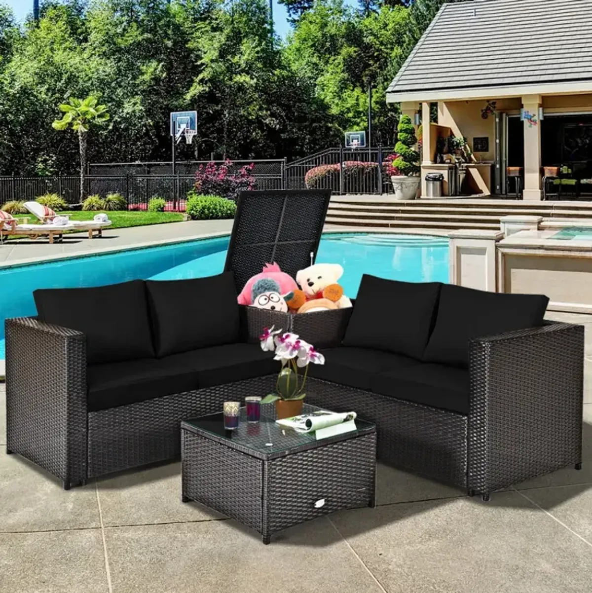4 Pieces Outdoor Patio Rattan Furniture Set with Loveseat and Storage Box