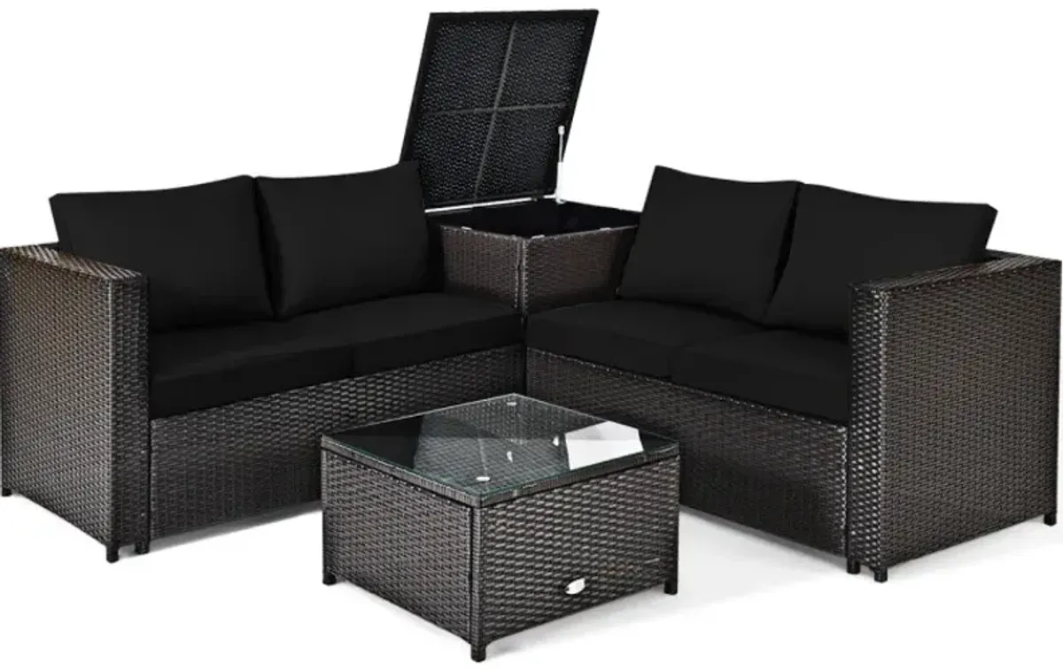 4 Pieces Outdoor Patio Rattan Furniture Set with Loveseat and Storage Box