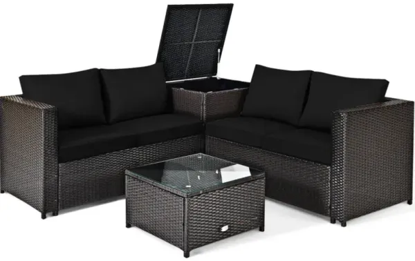 4 Pieces Outdoor Patio Rattan Furniture Set with Loveseat and Storage Box