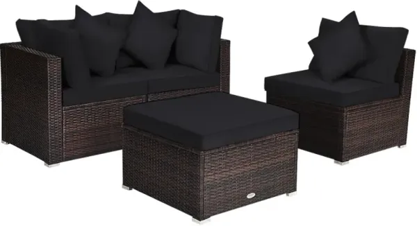 4 Pieces Patio Rattan Furniture Set with Removable Cushions and Pillows