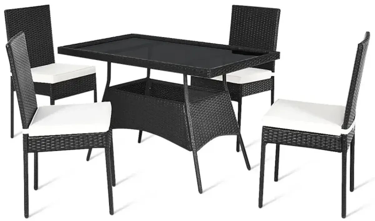 5 Pieces Rattan Dining Set with Glass Table and High Back Chair
