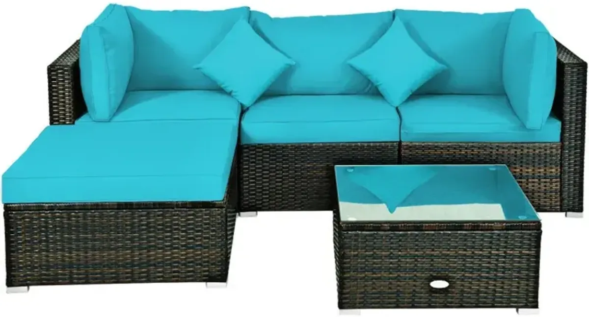 5 Pieces Outdoor Patio Rattan Furniture Set Sectional Conversation with Cushions