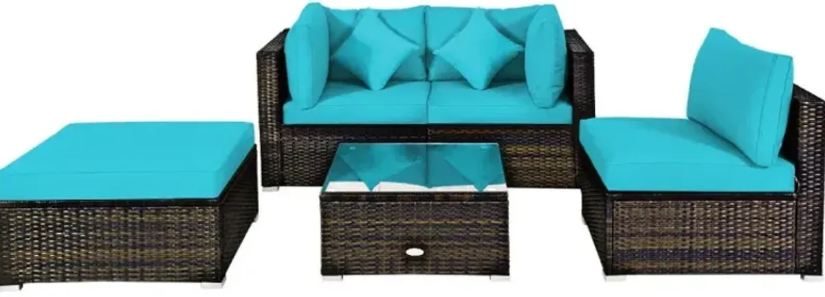 5 Pieces Outdoor Patio Rattan Furniture Set Sectional Conversation with Cushions