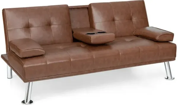 Convertible Folding Leather Futon Sofa with Cup Holders and Armrests