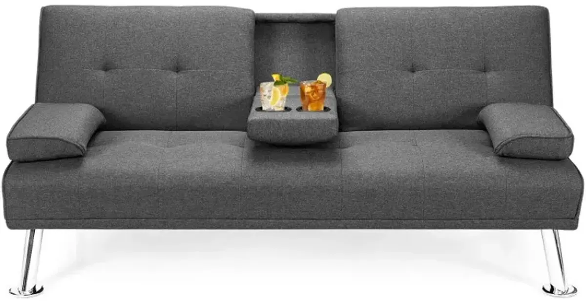 Convertible Folding Futon Sofa Bed Fabric with 2 Cup Holders