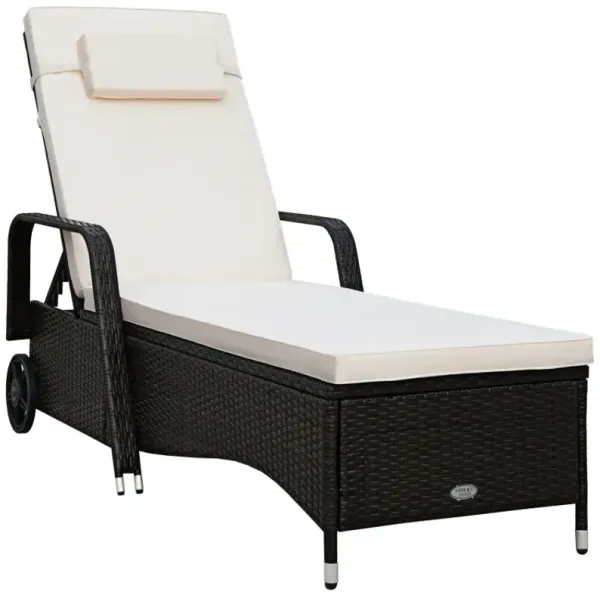 Patio Wicker Chaise Lounge Chair with Wheels Adjustable Reclining Chair with Cushions