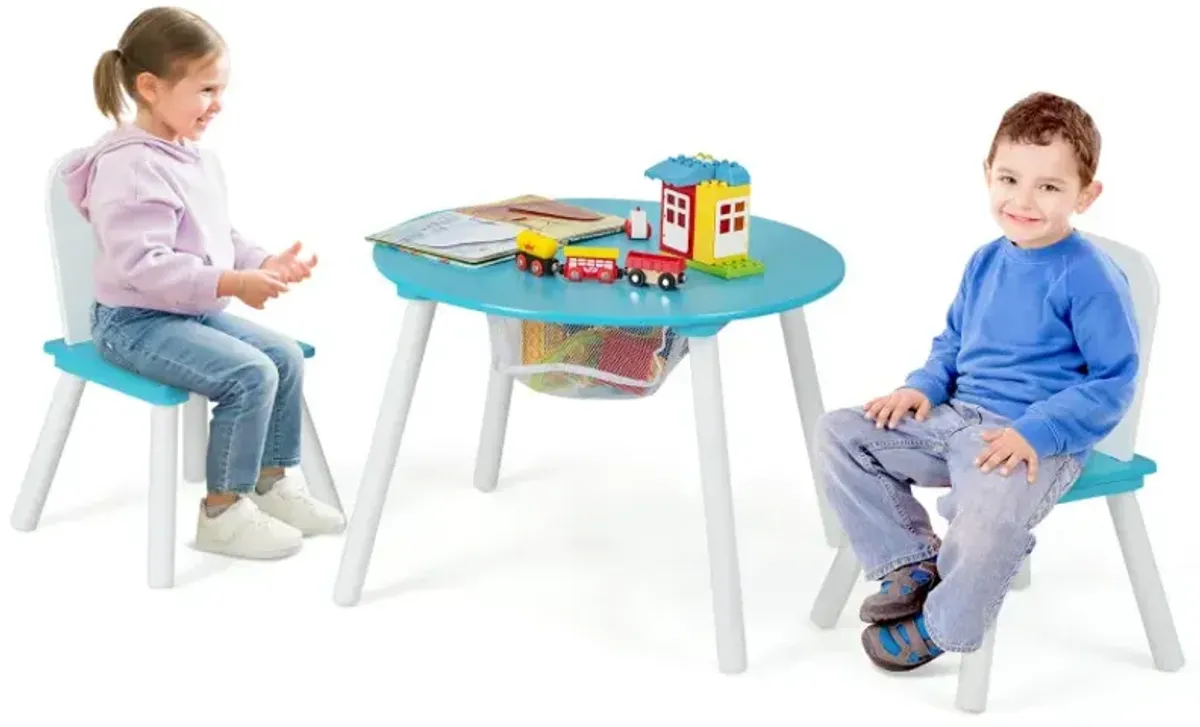 Wood Activity Kids Table and Chair Set with Center Mesh Storage