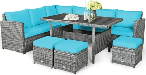 7 Pieces Outdoor Wicker Sectional Sofa Set with Dining Table