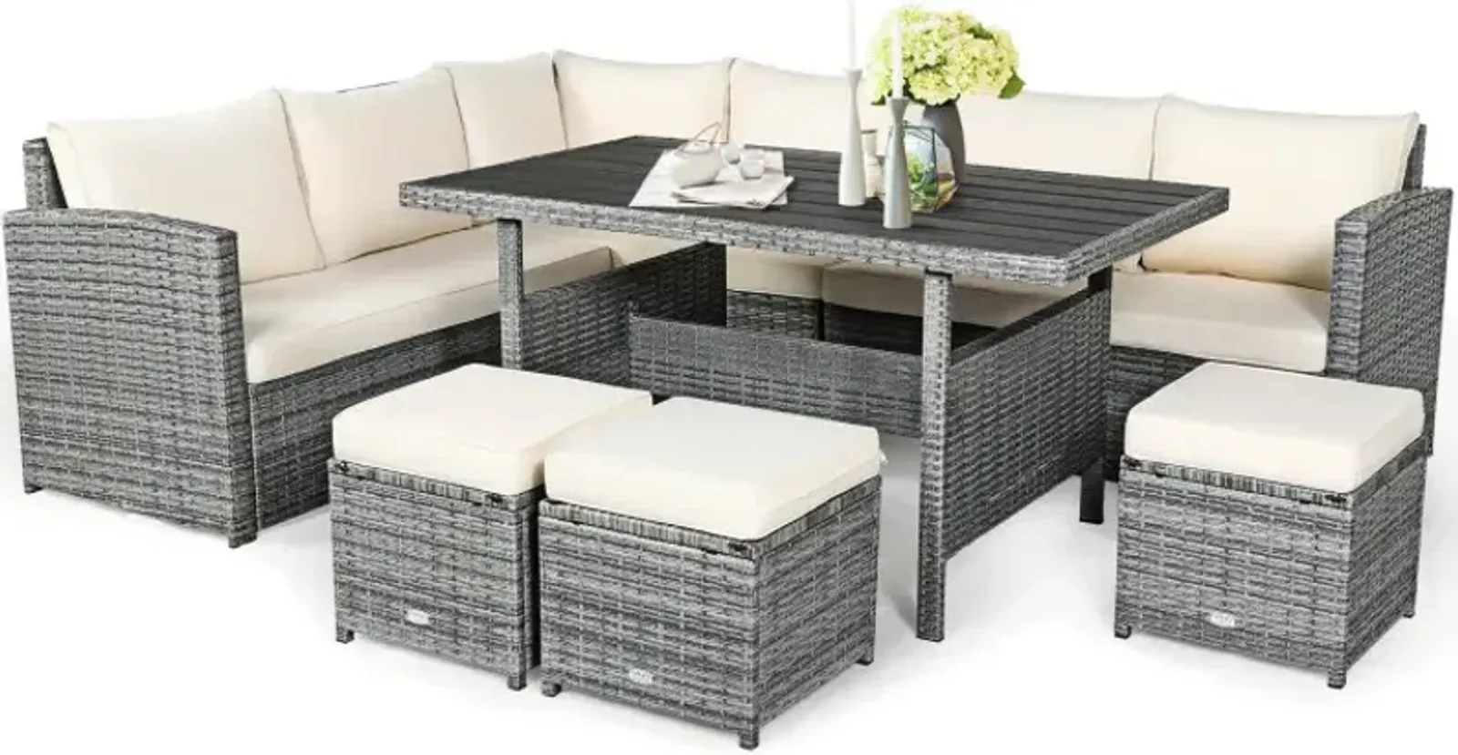 7 Pieces Outdoor Wicker Sectional Sofa Set with Dining Table