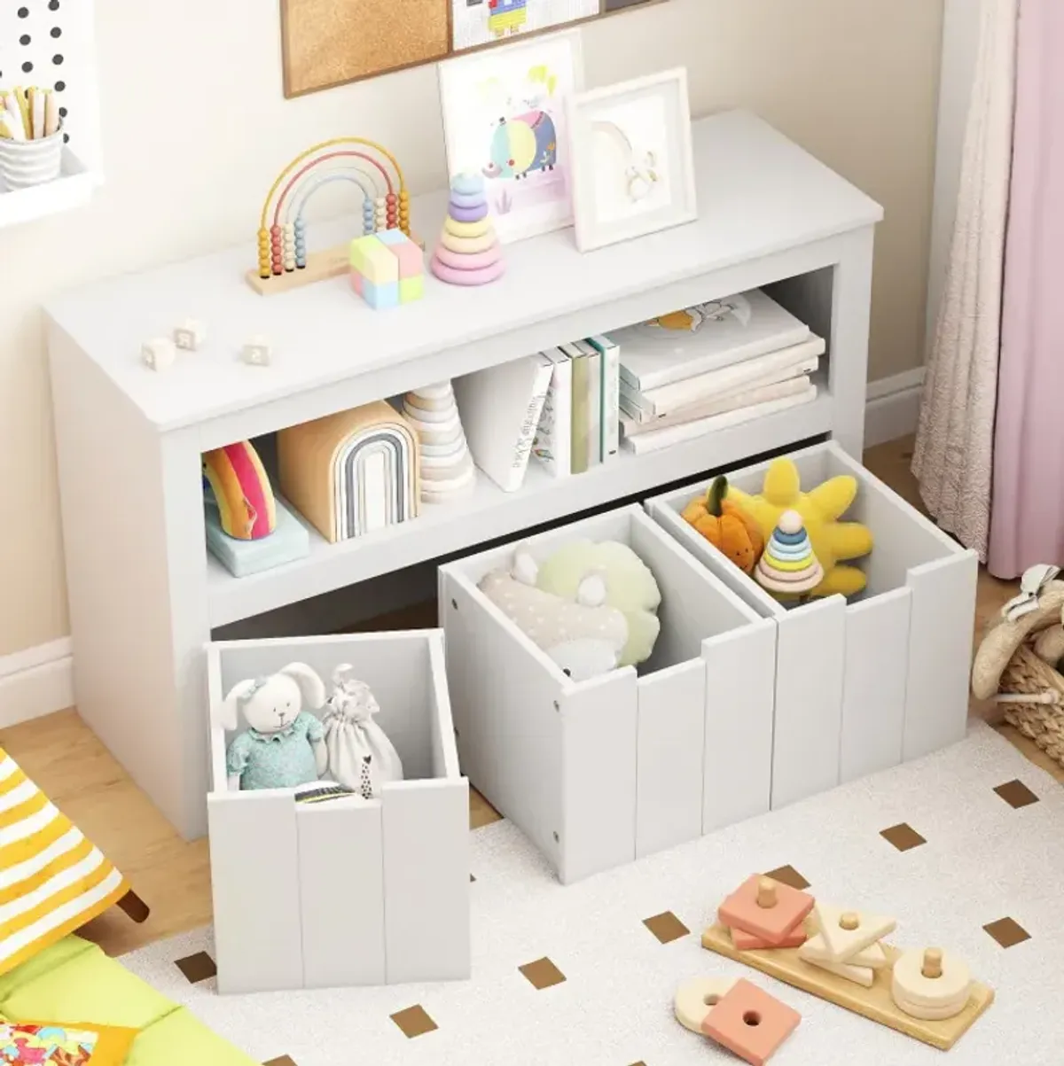 Kid Toy Storage Cabinet Drawer Chest with Wheels and Large Storage Cube Shelf