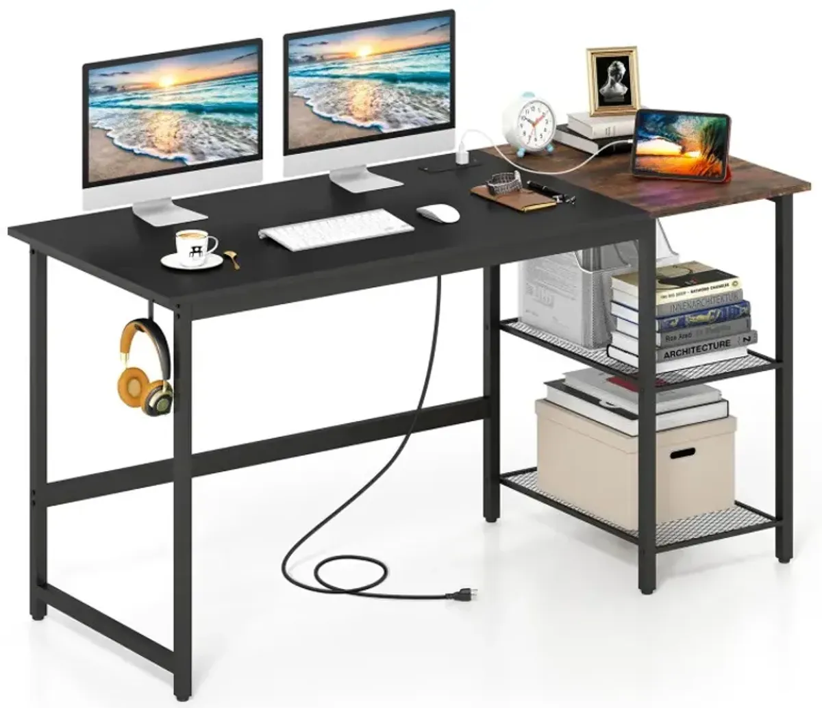 59 Inch Industrial Computer Desk with 2 Tier Storage Shelves for Home Office