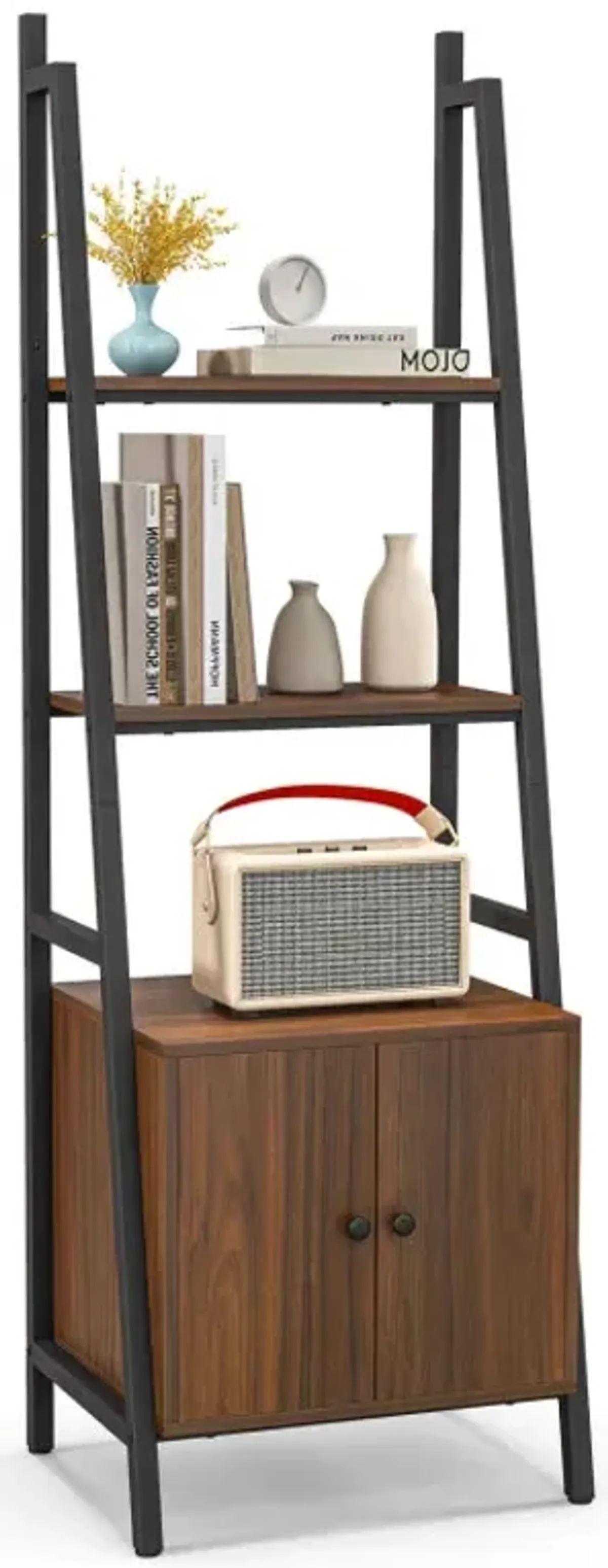 4-Tier Ladder Shelf with Cabinet and Metal Frame