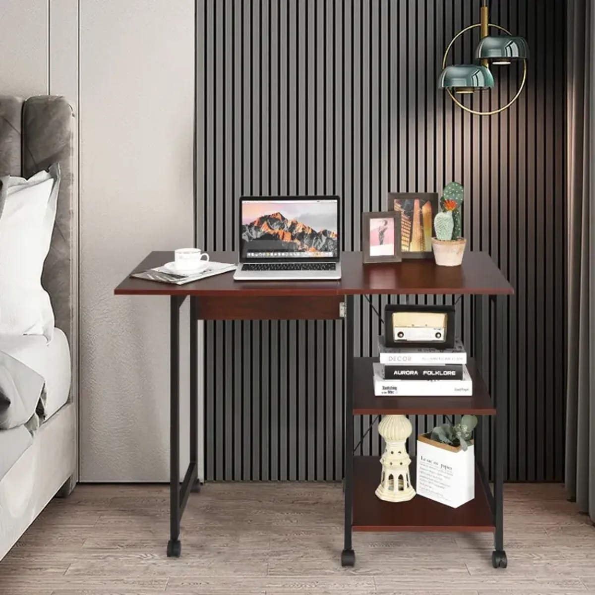Folding Writing Office Desk with Storage Shelves