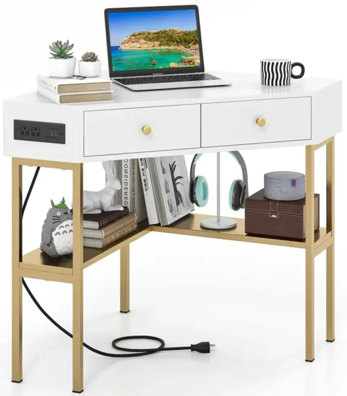 Triangle Corner Desk with Charging Station with 2 Drawers and Storage Shelf