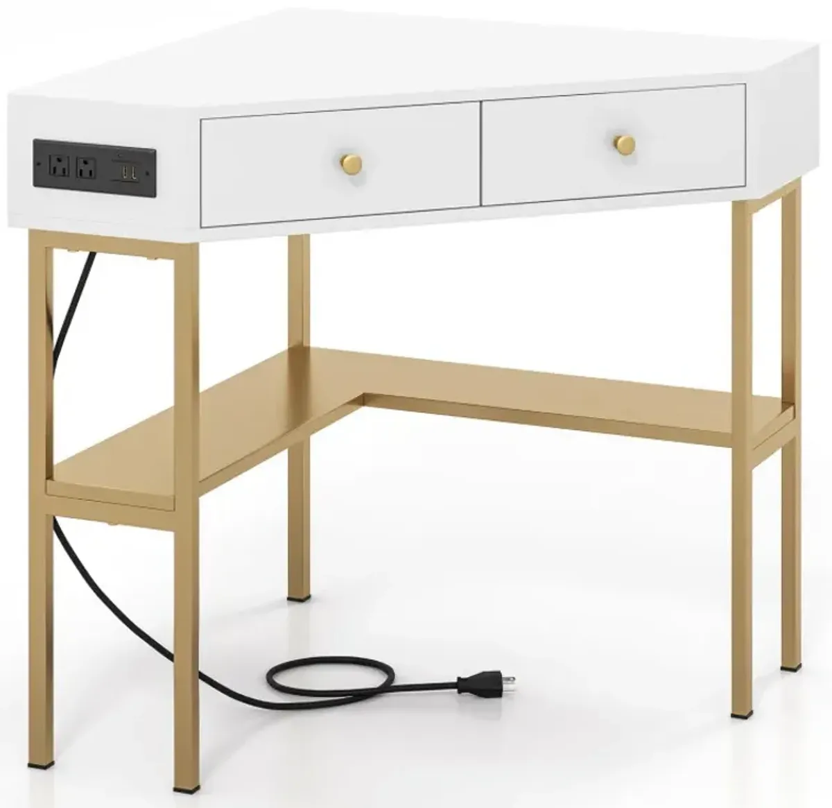 Triangle Corner Desk with Charging Station with 2 Drawers and Storage Shelf