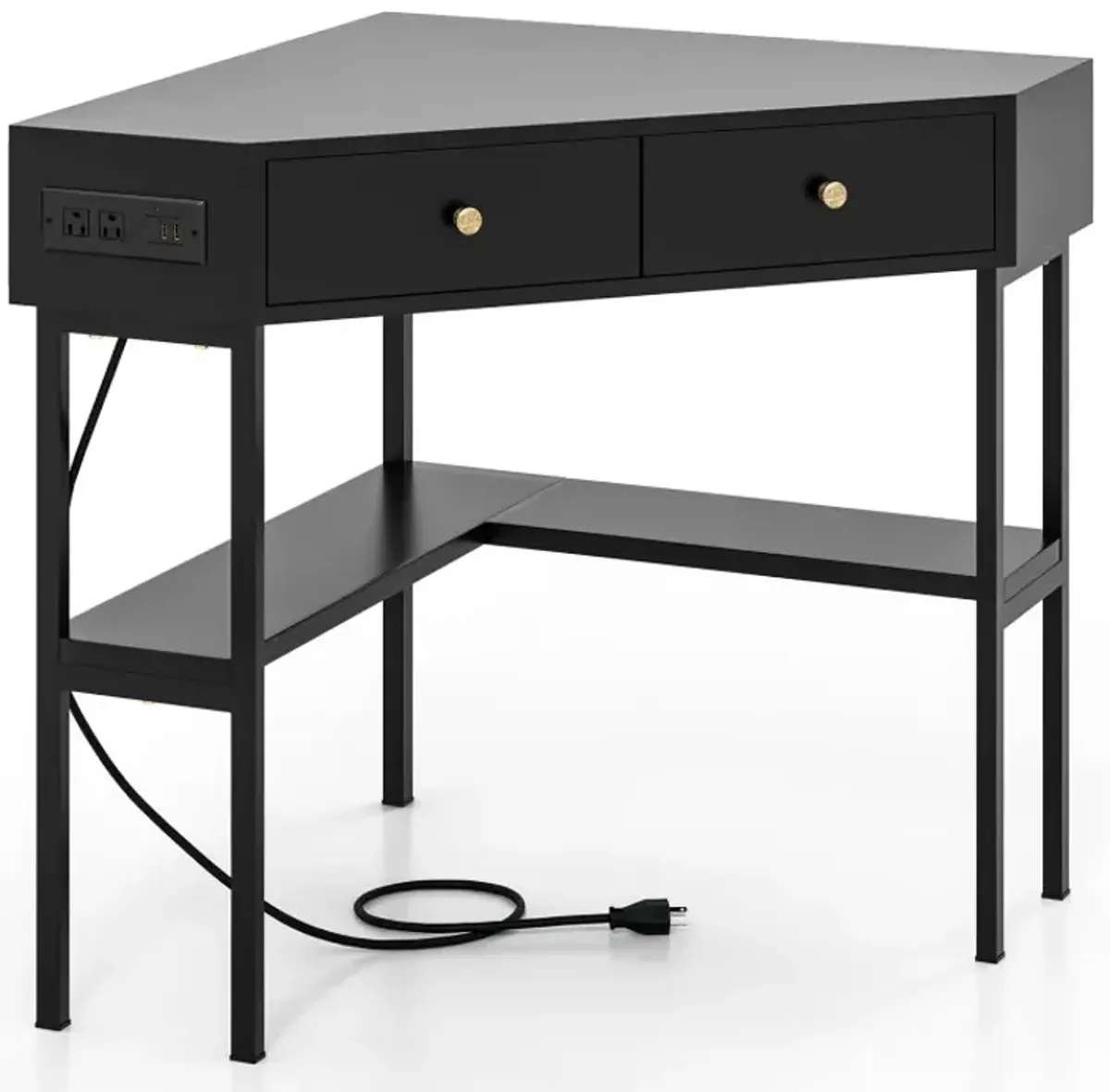 Triangle Corner Desk with Charging Station with 2 Drawers and Storage Shelf