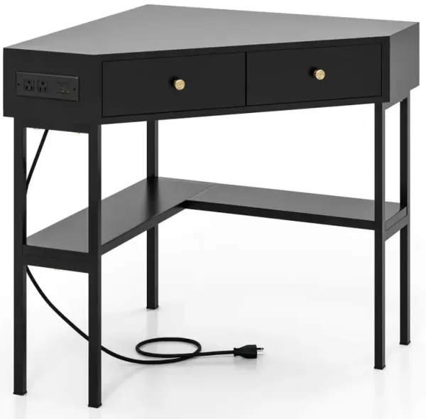 Triangle Corner Desk with Charging Station with 2 Drawers and Storage Shelf