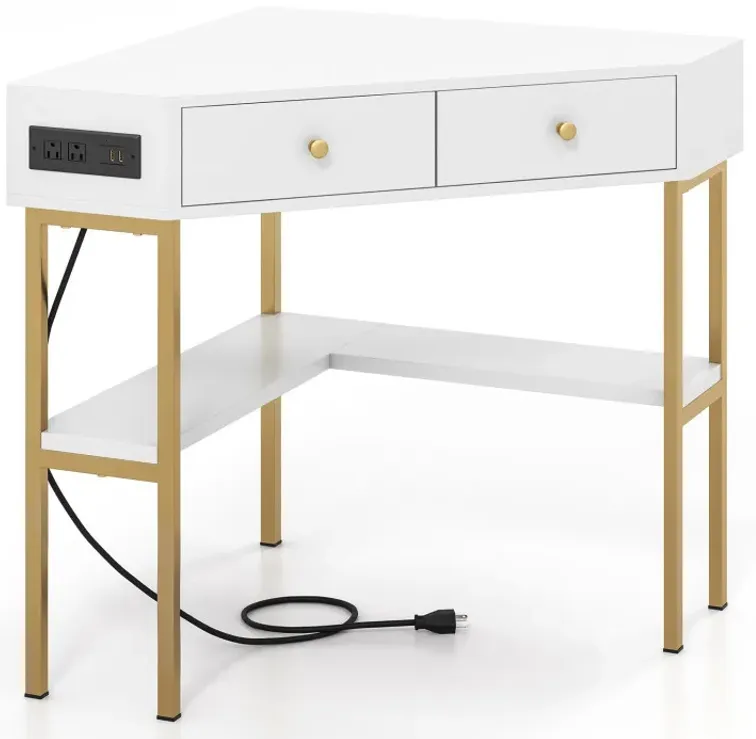 Triangle Corner Desk with Charging Station with 2 Drawers and Storage Shelf