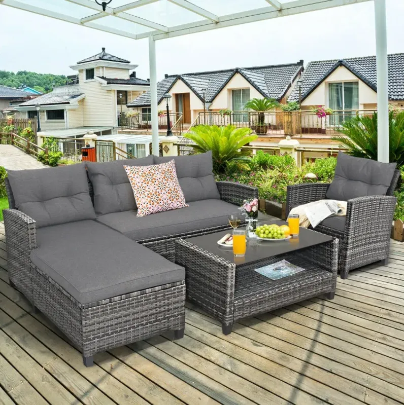 4 Pieces Patio Rattan Sofa Furniture Set with Cushion and 2-Tier Coffee Table