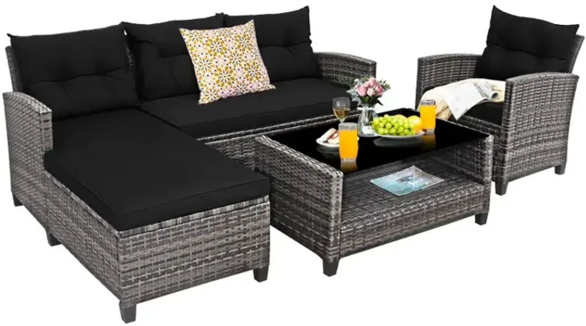 4 Pieces Patio Rattan Sofa Furniture Set with Cushion and 2-Tier Coffee Table