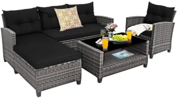4 Pieces Patio Rattan Sofa Furniture Set with Cushion and 2-Tier Coffee Table