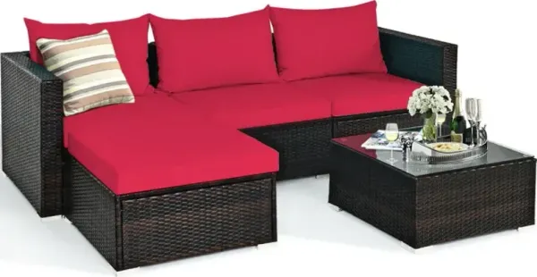 5 Pieces Patio Rattan Sectional Furniture Set with Cushions and Coffee Table