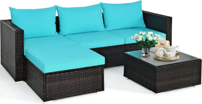 5 Pieces Patio Rattan Sectional Furniture Set with Cushions and Coffee Table