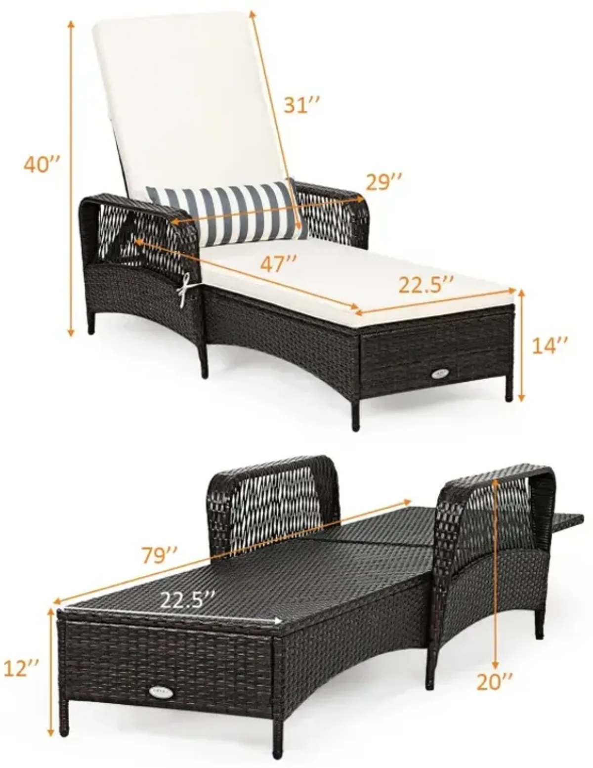 Patio Wicker Chaise Lounge Chair with Pillow and Adjustable Backrest with Cushion