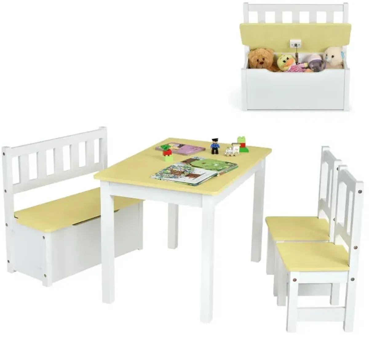 4 Pieces Kids Wooden Activity Table and Chairs Set with Storage Bench and Study Desk