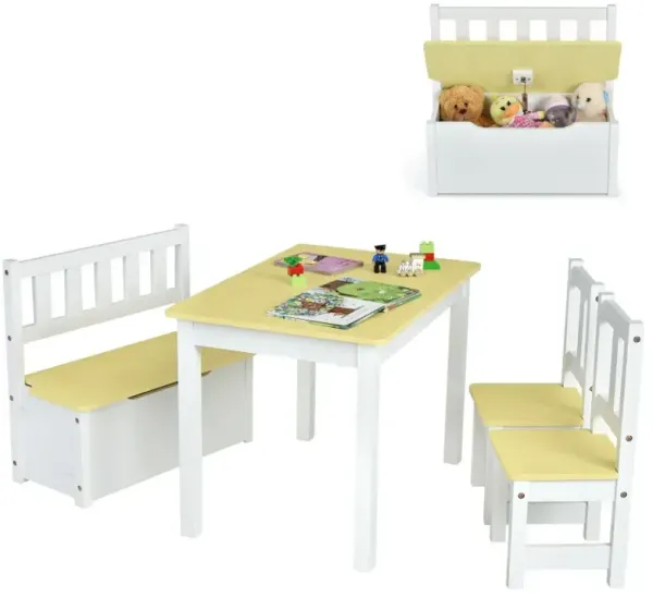 4 Pieces Kids Wooden Activity Table and Chairs Set with Storage Bench and Study Desk